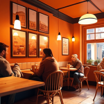 A cozy cafe interior bathed in warm, orange light, creating a relaxing atmosphere. People are enjoying coffee and conversation.