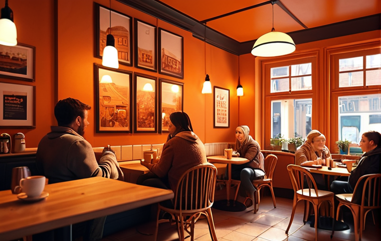 A cozy cafe interior bathed in warm, orange light, creating a relaxing atmosphere. People are enjoying coffee and conversation.