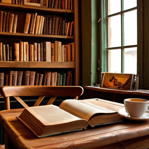 Home 6 A cozy and inviting cafe interior in Krakow's Kazimierz district, illuminated by warm, soft light filtering through large windows. The scene features vintage wooden tables, shelves filled with old, worn books, and steaming cups of freshly brewed coffee. The air subtly shimmers with the warm essence of vanilla and roasted coffee beans, creating a deeply comforting and nostalgic atmosphere. Focus on tactile textures of wood and book spines, and the visual warmth of the light and colors.