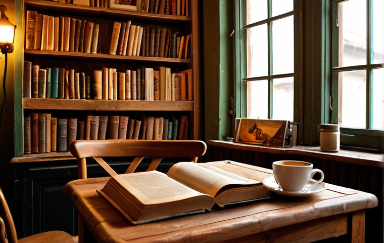 A cozy and inviting cafe interior in Krakow's Kazimierz district, illuminated by warm, soft light filtering through large windows. The scene features vintage wooden tables, shelves filled with old, worn books, and steaming cups of freshly brewed coffee. The air subtly shimmers with the warm essence of vanilla and roasted coffee beans, creating a deeply comforting and nostalgic atmosphere. Focus on tactile textures of wood and book spines, and the visual warmth of the light and colors.